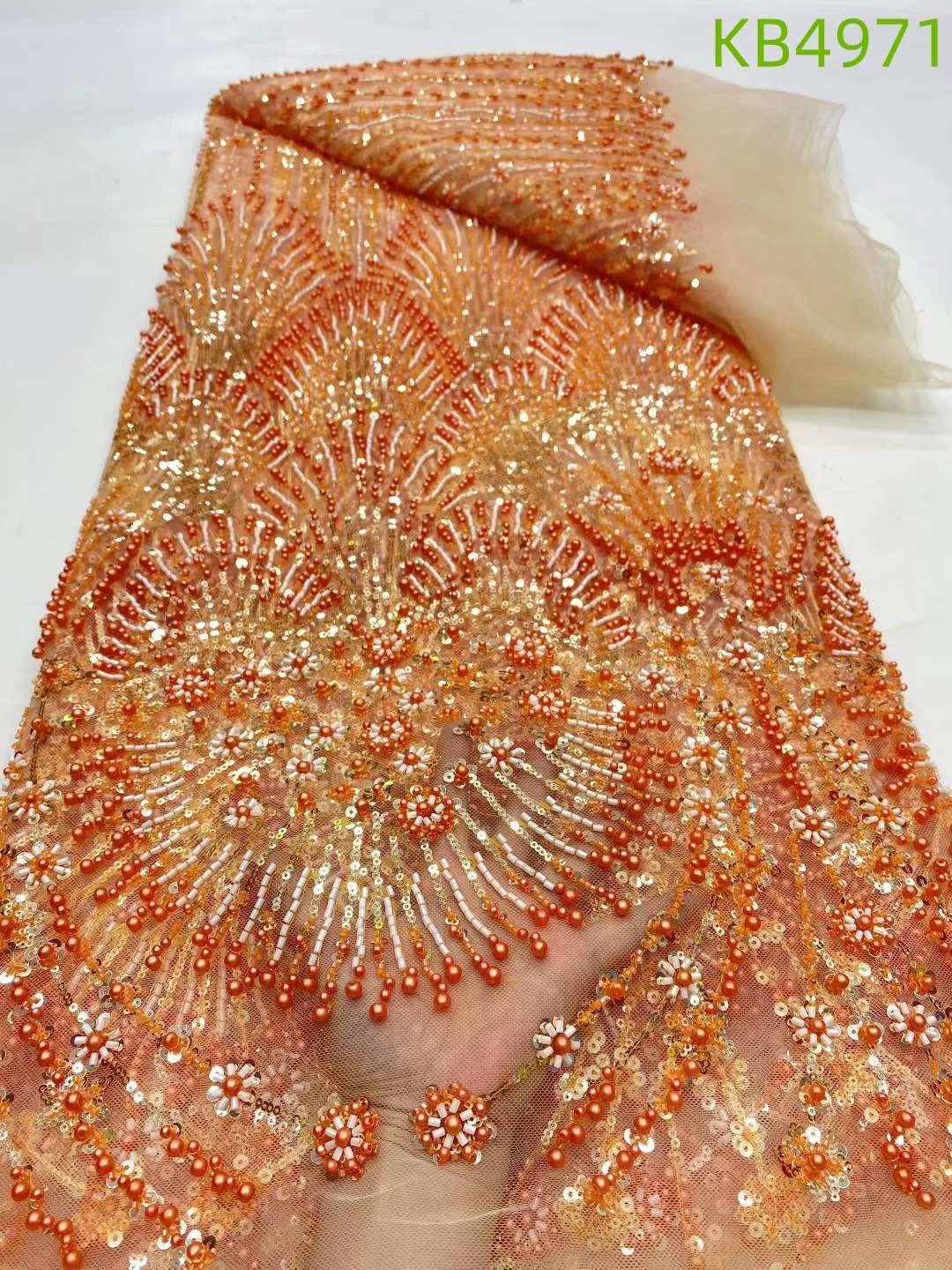 

5 Yards Dubai Lace Fabrics Quality 2024 Burnt Orange Beaded French Mesh Lace Fabrics Sequins Tulle Lace For Wedding Dress KB4971
