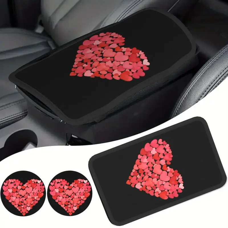 【POD Custom】1Pc Car Armrest Cover + 2Pcs Cup Coasters, Small Hearts Pattern, Romantic Car Interior Accessories
