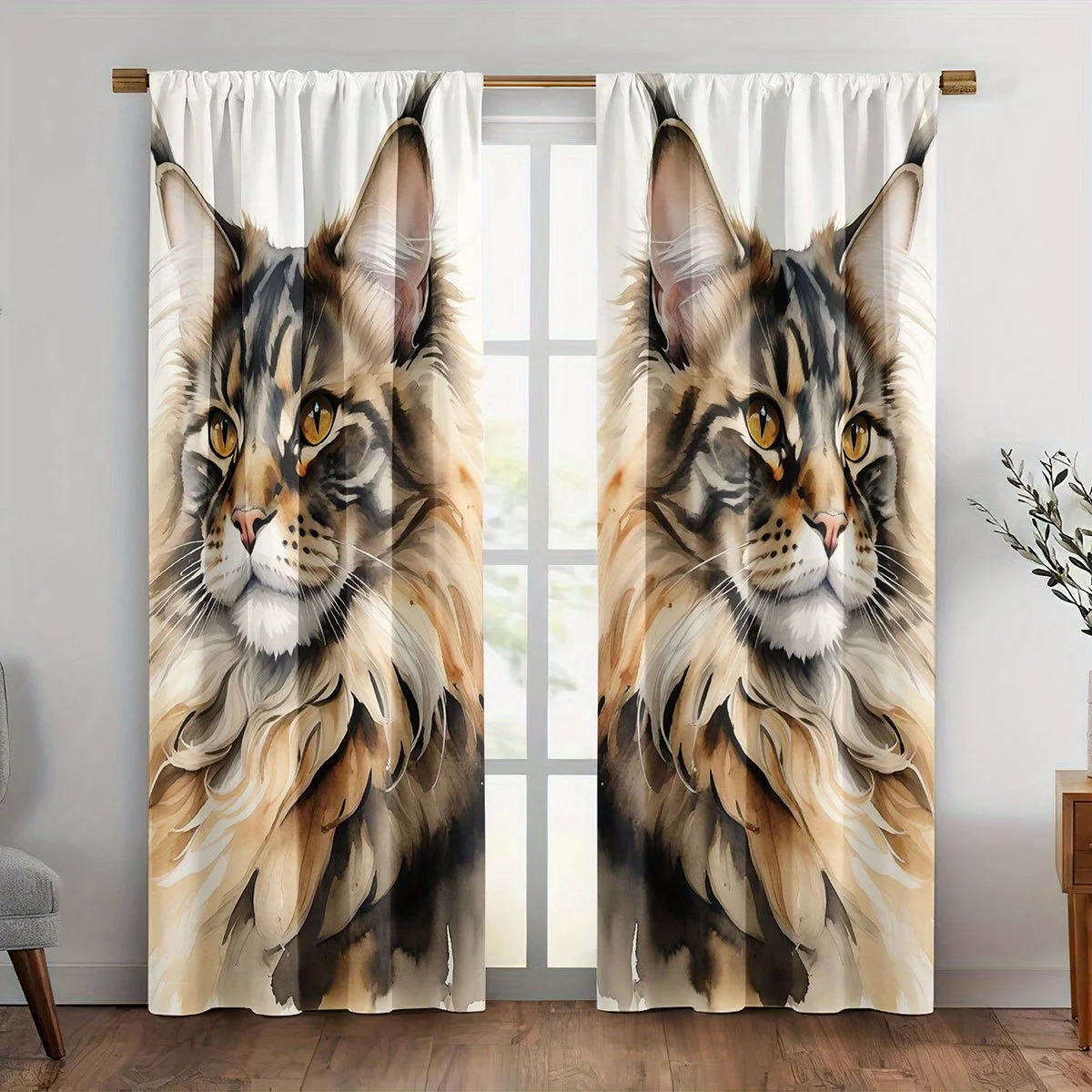 Realistic Maine Coon Cat Curtains, Cute Pet Portrait Print Blackout Drapes for Living Room, Animal Lover Home Decor