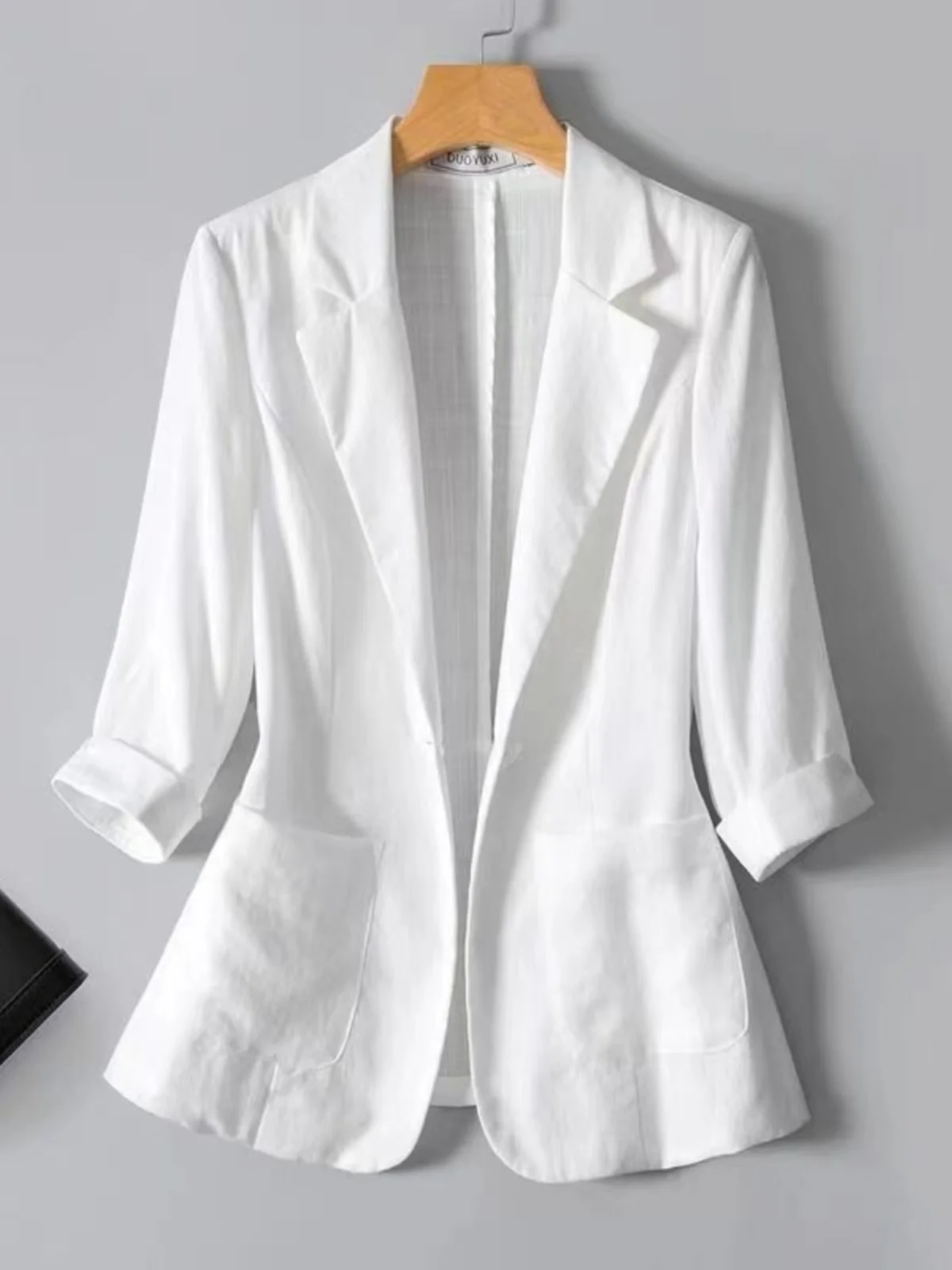

Slim Fit Cotton Linen Short Jacket Women's Casual Lightweight Summer New Style Seven Sleeve Button Pocket Color Coat
