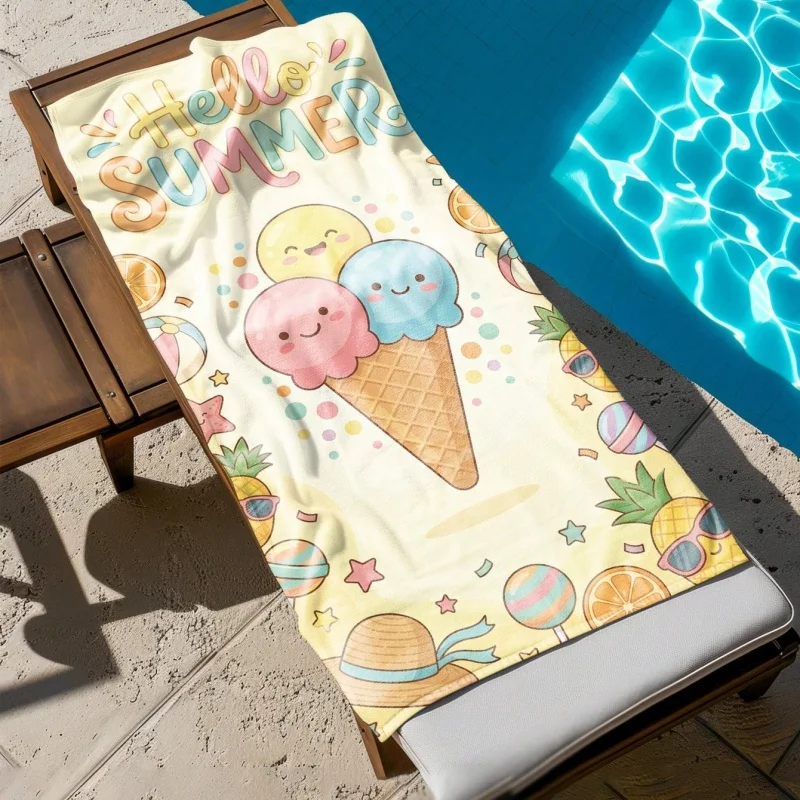 Newest Beach Sand Towel Hello Summer Cartoon Ice Cream Pineapple Print Beach Towel Microfiber Towel Quick Dry Travel Towel