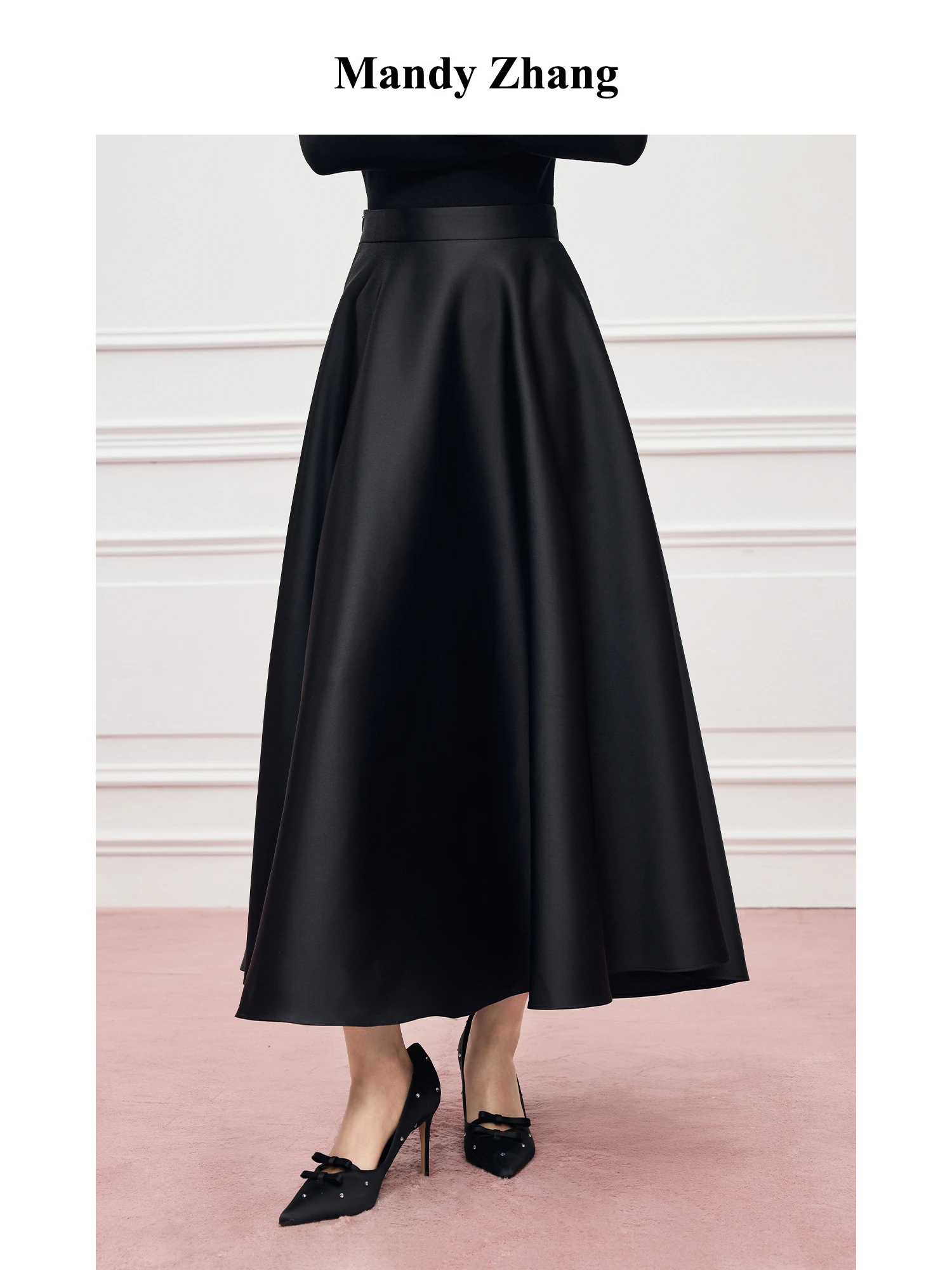 

MandyZhang Hepburn Style High Waist A-Line Skirt Black Silk Satin Commute Versatile Spring Summer Elegant Daily Skirt