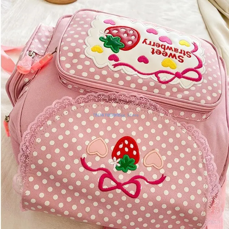 63HC Girl Embroidery Strawberry School Backpack Children's Schoolbag Student Girls Birthday Gift Japanese Cartoon