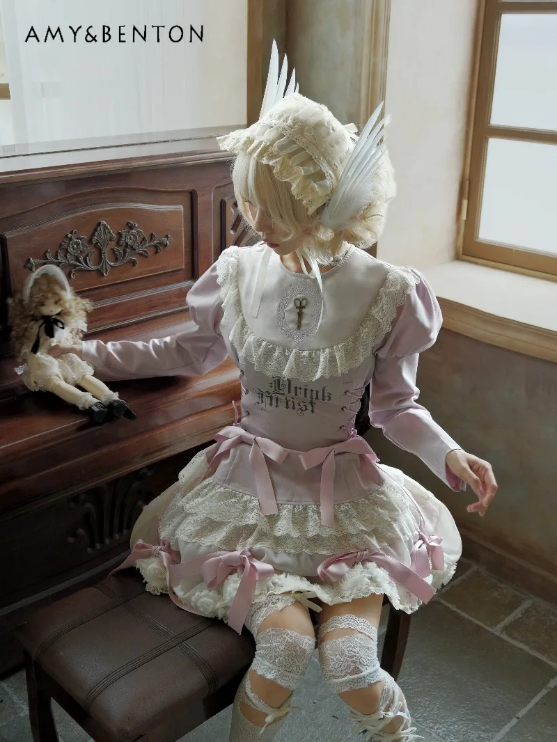 الحلو كول الوردي المطبوعة الدانتيل التعادل ضئيلة طويلة الأكمام رفع هيم قميص كعكة تنورة مجموعة ثقافة فرعية القوطي قطعتين مجموعات الملابس النسائية #5