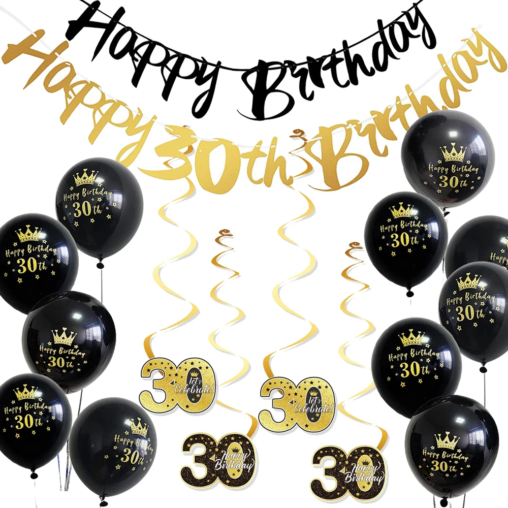 30 Years Birthday Party Decorations Happy 30th Birthday Paper Banner 12inch Latex Balloons 30th Birthday Party Hanging Supplies