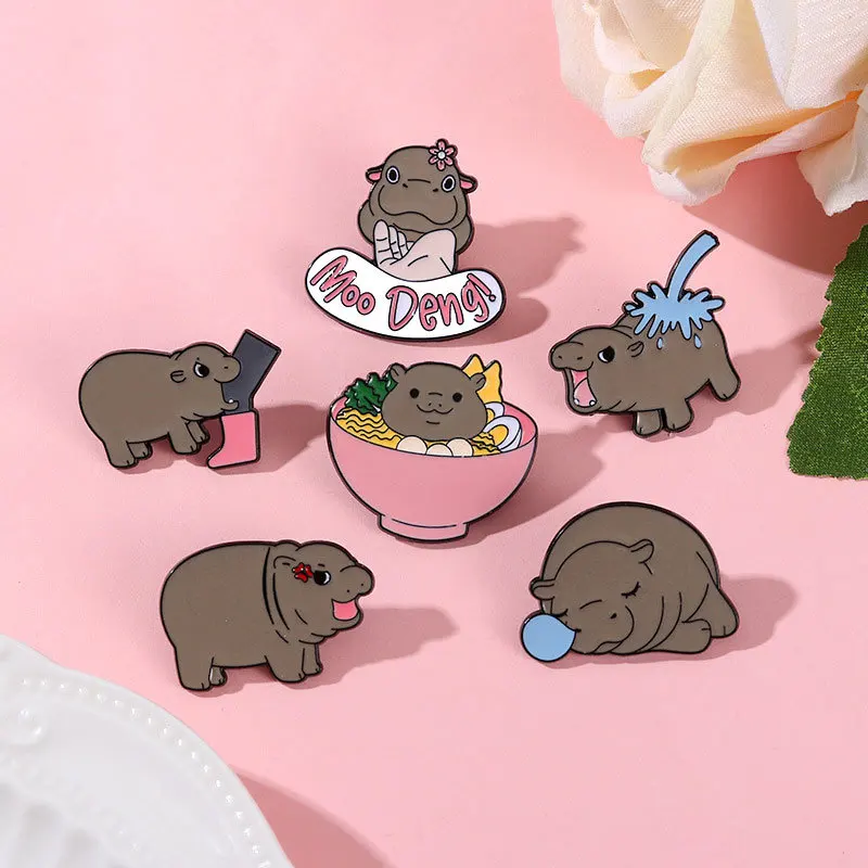 Cute Animal Thai Hippo MooDeng Brooch Cartoon Hippopotamus Lapel Badge Pin Backpack Clothing Hat Accessories