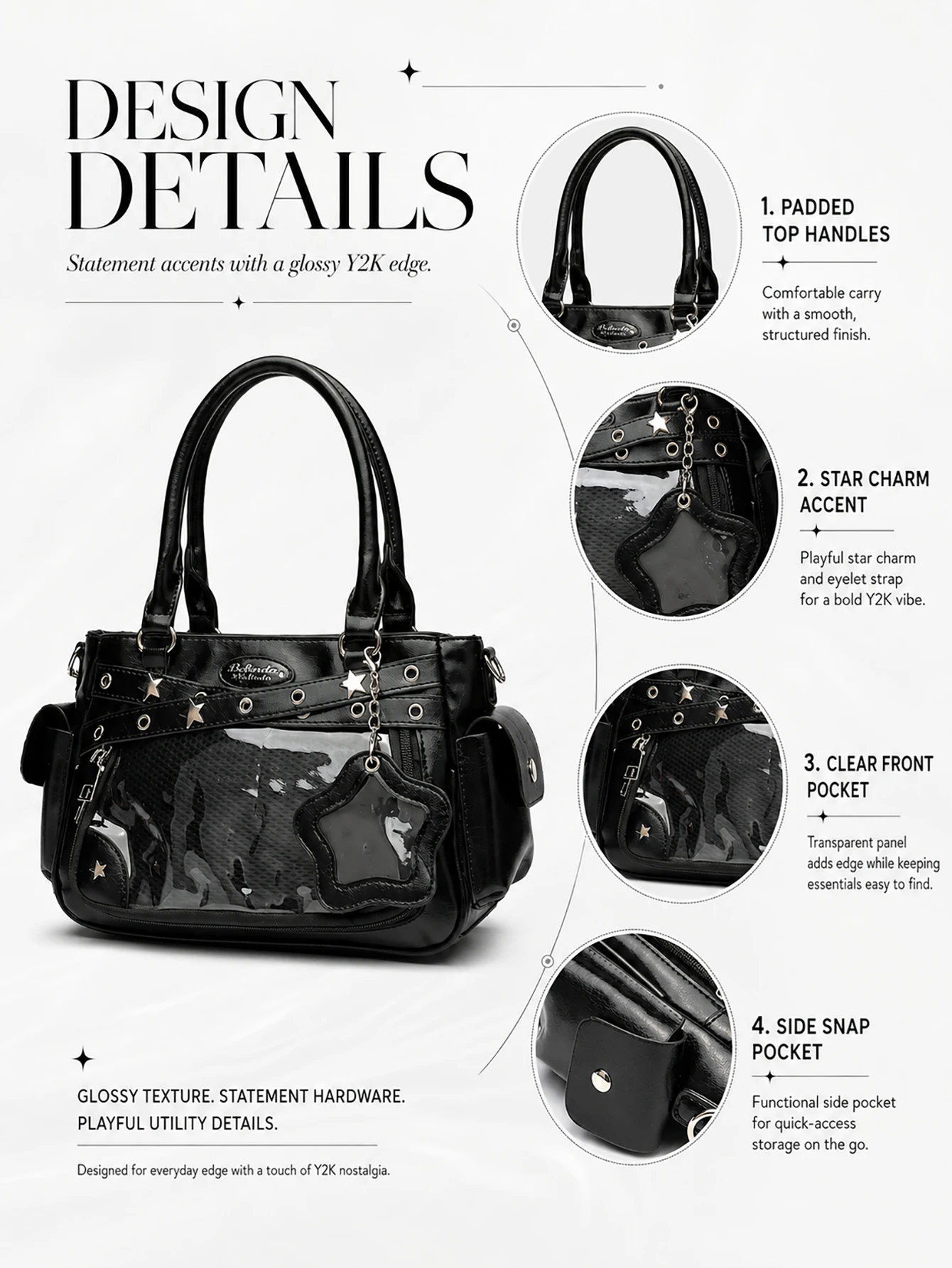 Y2K Gothic Ita Bag Women Black Patent PU Leather Star Charm Handbag  Shoulder Crossbody Tote Bag Girls Casual Daily