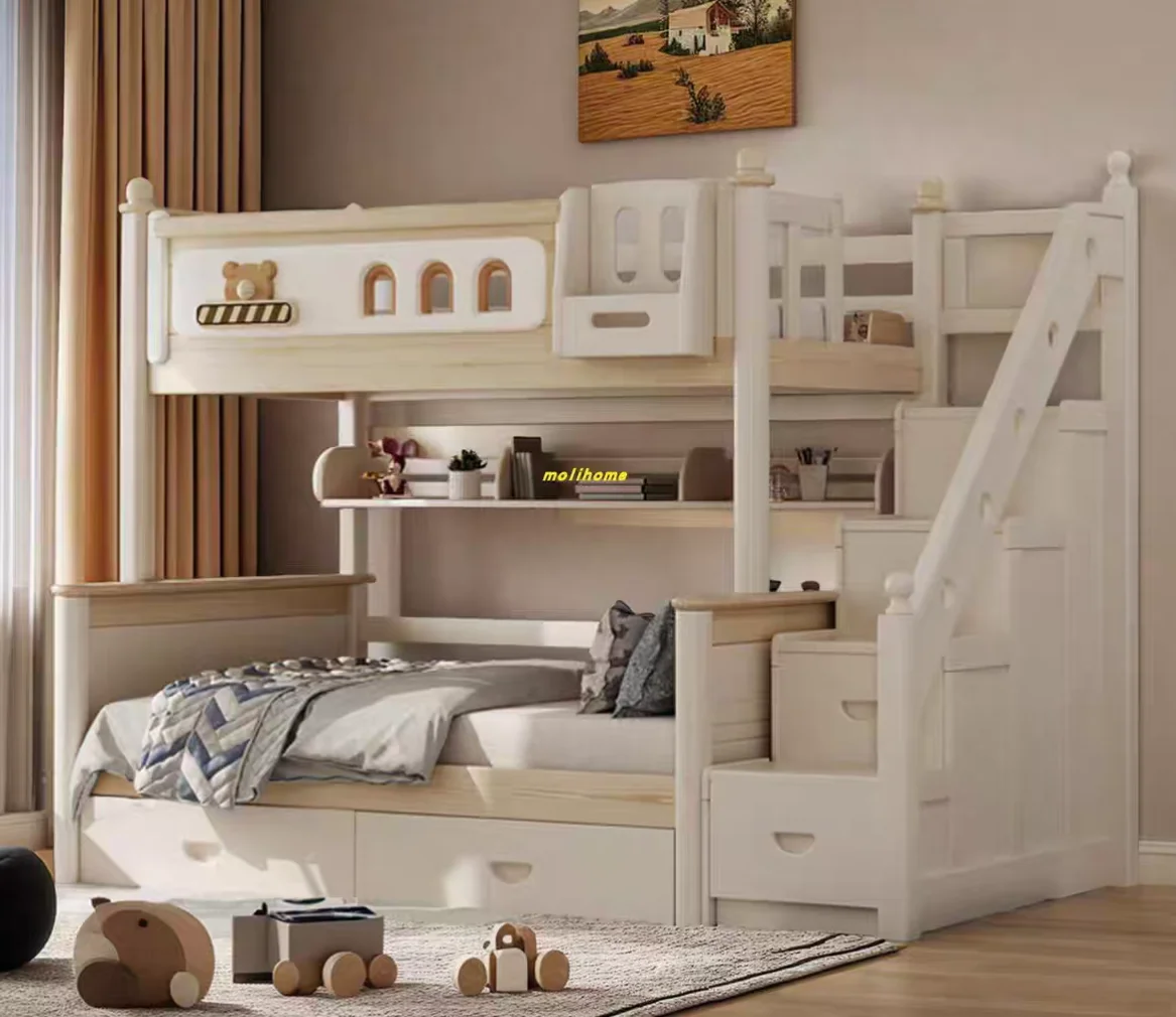 ！@Solid Wood Children Bunk Beds with Drawers Slide Stair North European Wooden Bunk Beds Kids Bedroom Furniture