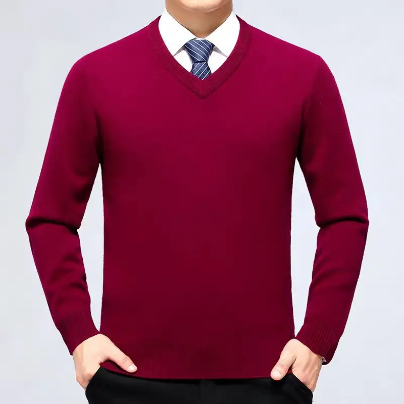 Fall/Winter 2024 New 100% Pure Wool Men's V-high Collar Loose Solid Color Sweater Leisure Pullover Sweater
