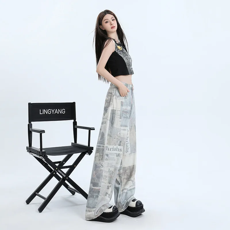 Fashionable Denim Street Outfit with Low Waist Y2k Jeans Women's Wide Leg Fashionable Denim Pants Print Design Niche Jeans