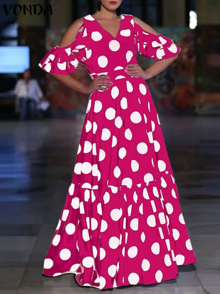 VONDA Plus Size Summer Polka Dot Long Dress Women Ruffled Sundress 2024 Bohemian Casual V-neck Hollow Short Sleeve Maxi Robe 5XL