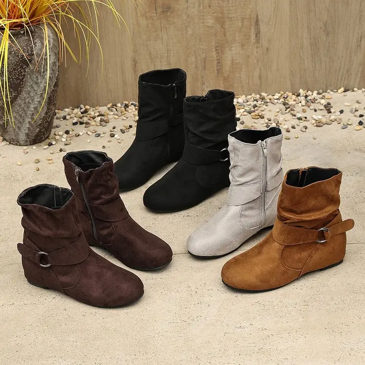Damen-Stiefeletten mit runder Zehenpartie, verstellbarem Schnallenriemen, seitlichem Reißverschluss, flacher, rutschfester Sohle, lässiges Alltagsschuhwerk für Herbst und Winter – Detail 2