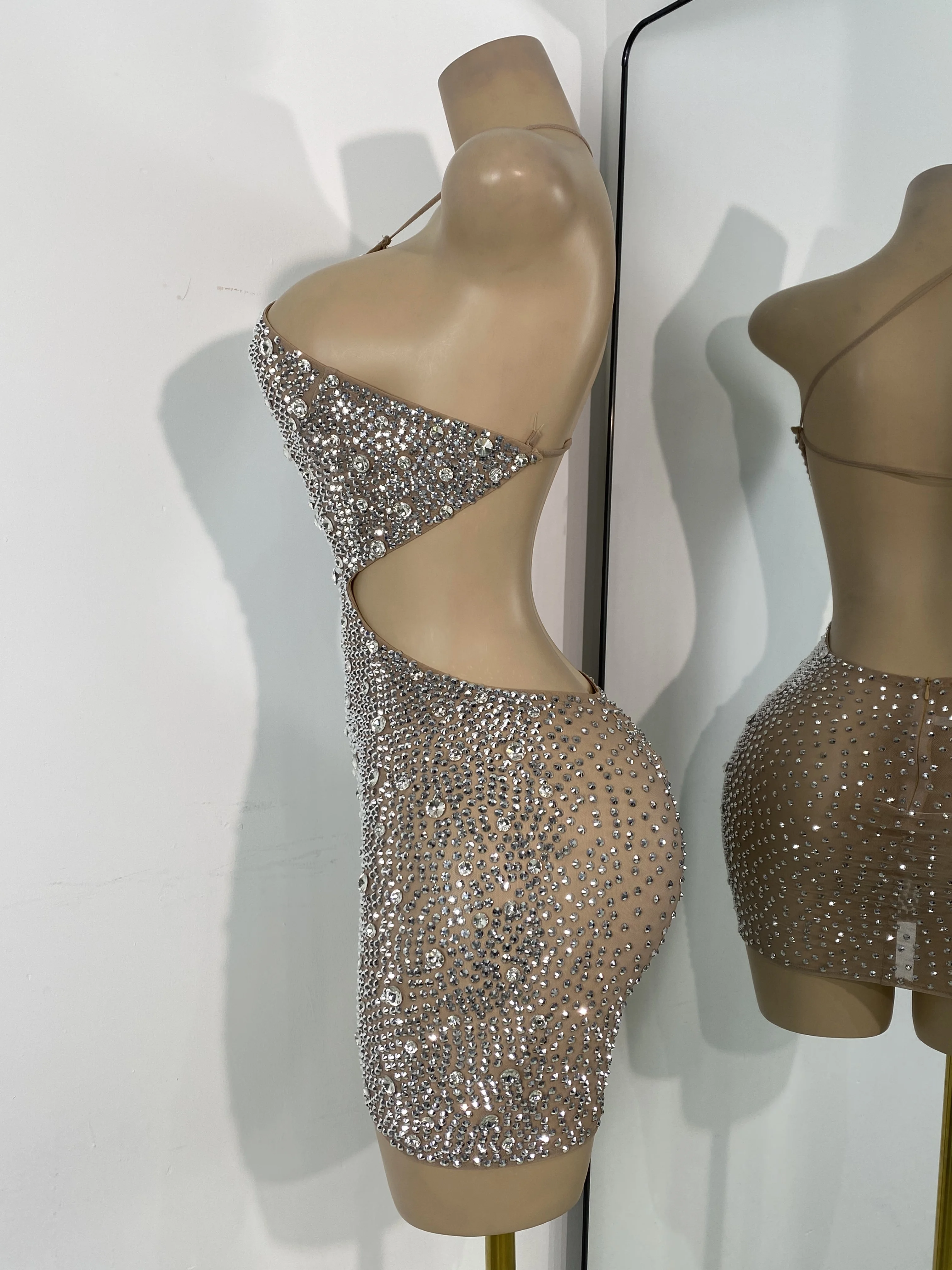 سباركلي الفضة الراين فستان قصير فاخر المرأة مثير شبكة الجوف خارج المشاهير فساتين كوكتيل عيد ميلاد ملابس الأداء #3