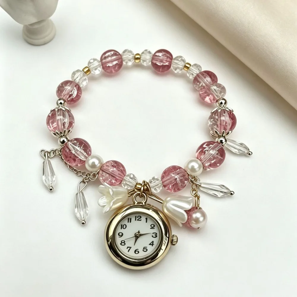 Fashion Beaded Bracelet Watch with Flower Pendant Handmade Chain Watch Quartz Watch for Women Girls