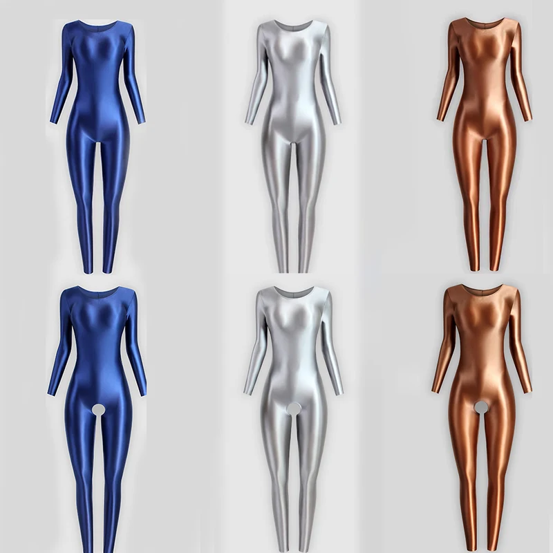 Sexy Shiny Glossy Satin Tight Jumpsuit Smooth Long Sleeve Open Crotch Leggings Running Sportswear Body Suits for Women Romper