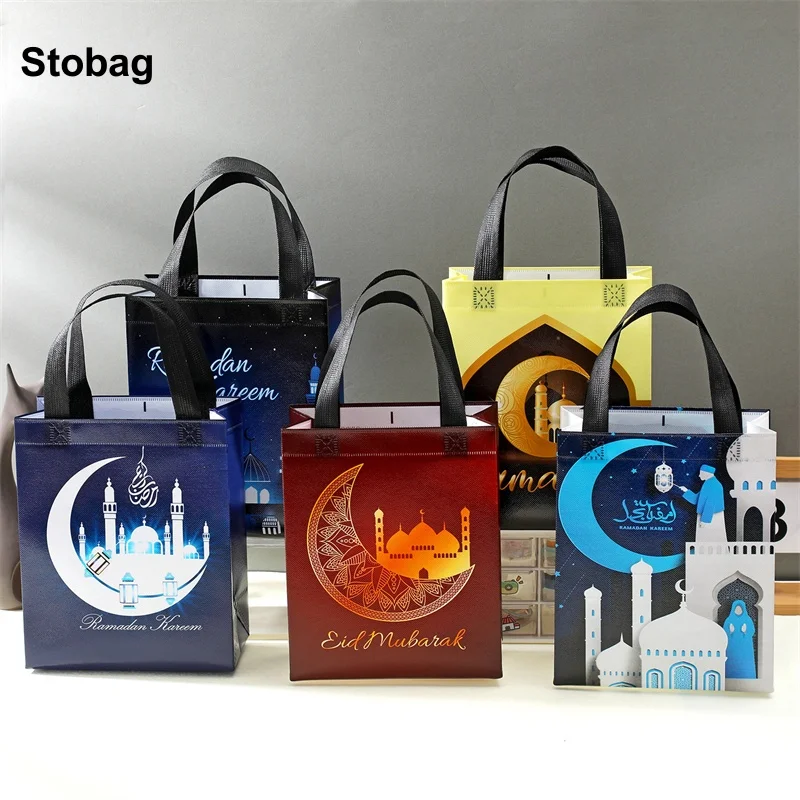 StoBag 10pcs Ramadan Eid Mubarak Non-woven Tote Bag Gift Packaging Portable Fabric Waterproof Storage Reusable Pouches Party