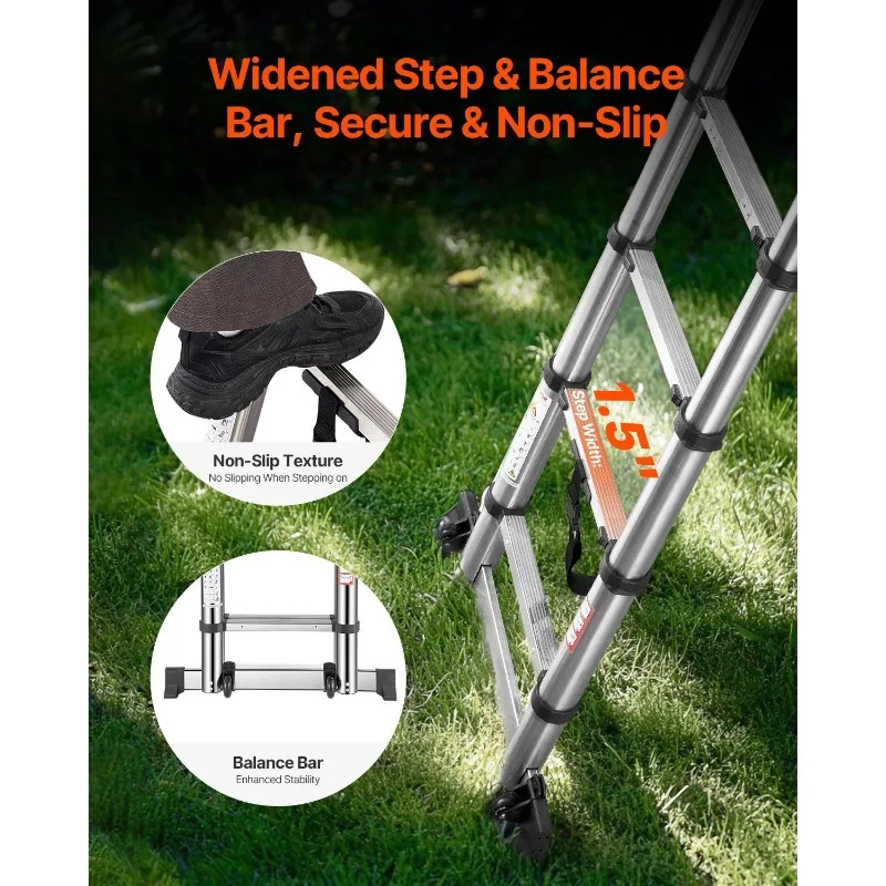 Telescoping Ladder A-Frame Stainless Steel Extension Step 16.5ft Portable Ladder