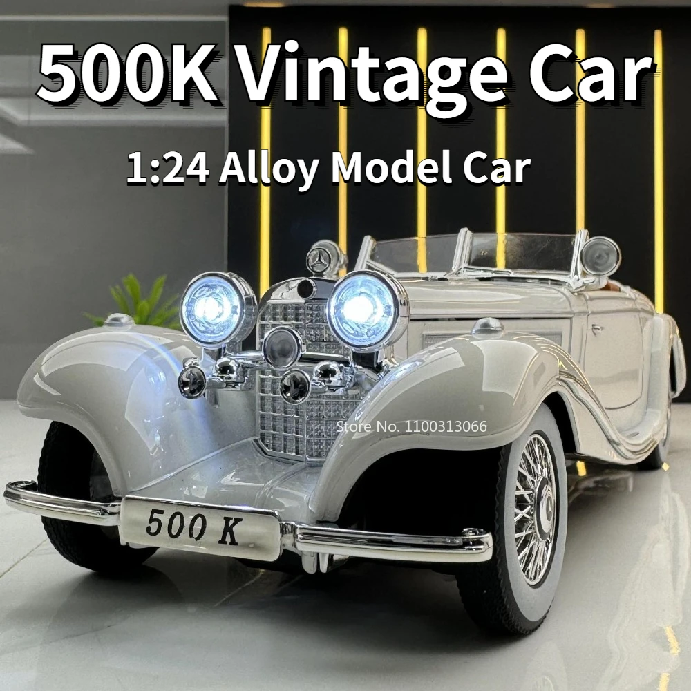 Modèle de voiture vintage en alliage moulé sous pression, jouets de voiture de sport avec son et lumière, véhicules arrière à nervures, cadeaux pour enfants, échelle 1/24, 500K