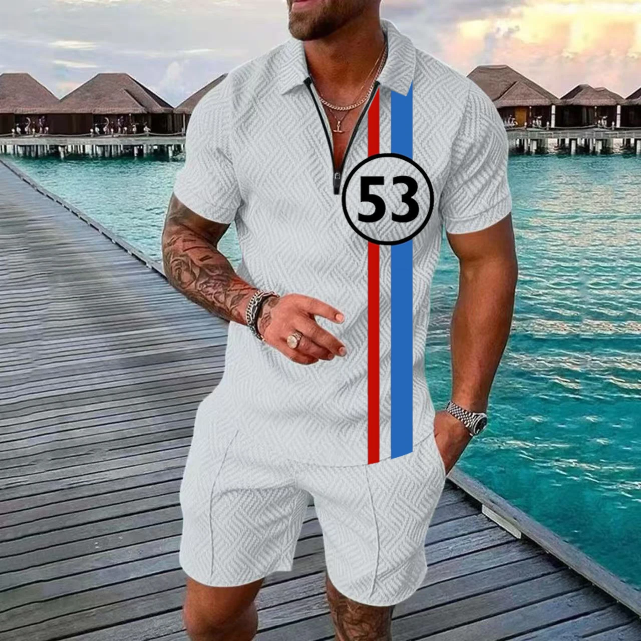 

Summer men's Polo Shirt Set Vintage Pattern Print Men two-piece Set Breathable Zipper Polo Casual Men Clothing Polo Shorts Set