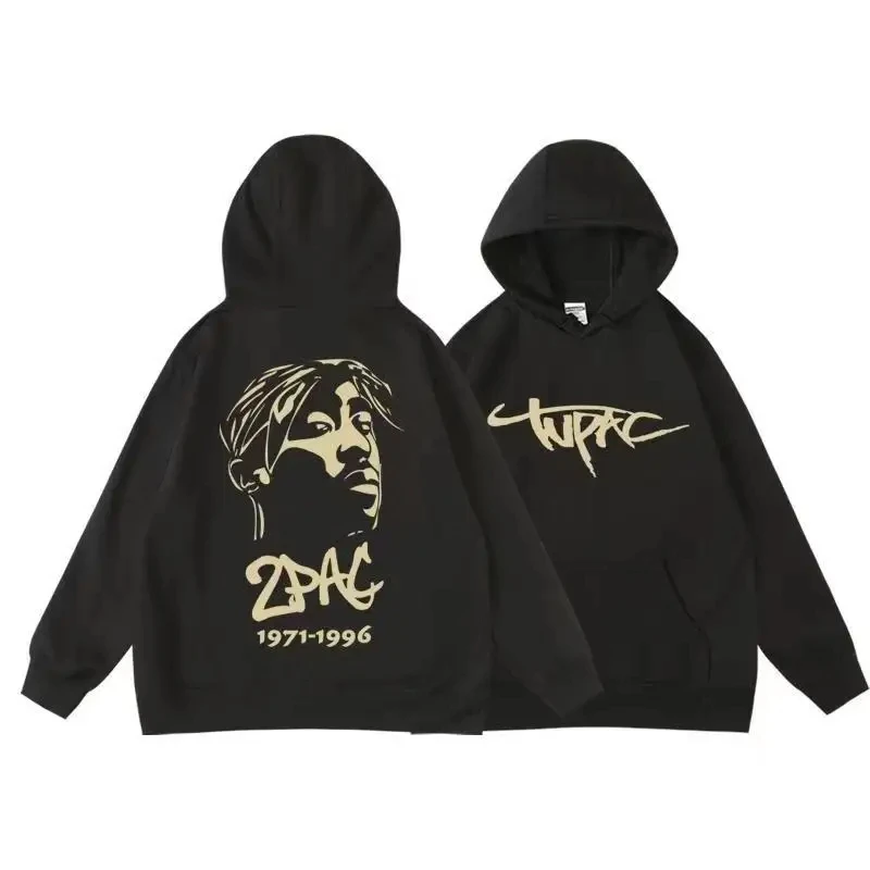 New Hip Hop Rap Rap Tupac European and American AutumnWinter Plush Cotton Hoodie Men\'s Printed Sweater Loose Sports Hoody