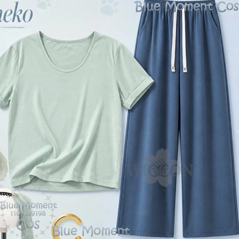 Chainsmoker Cat Yani Neko Cosplay Yanineko Mint Green Wig Tshirt Furry Earwear Tail Pants Halloween Festival Fancy Comic Con