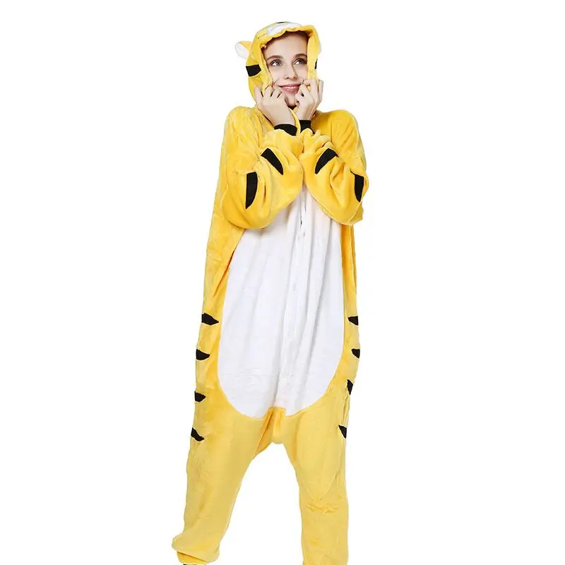 

Winter Flannel Anime Cartoon Kigurumi Yellow Tiger Onesies Homewear For Adults Kids Halloween CosplayUnisex Pajamas Jumpsuit