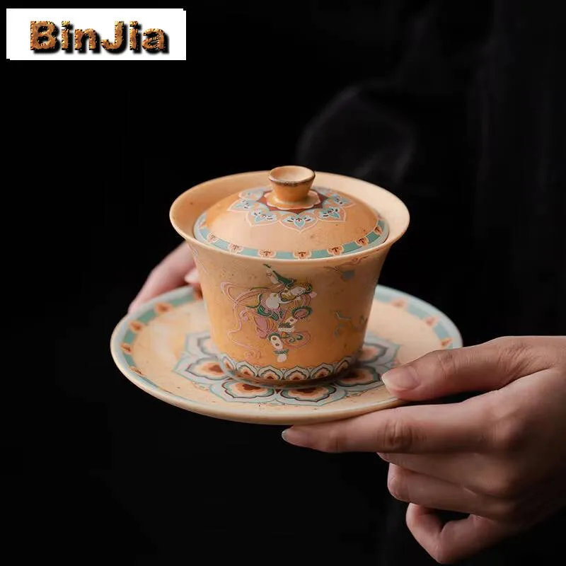 

140 мл китайский Dunhuang Apsaras Gaiwan против ожогов, дыхательный чайный вкус, заваривание, чаша Sancai, посуда для напитков, украшения, ремесло