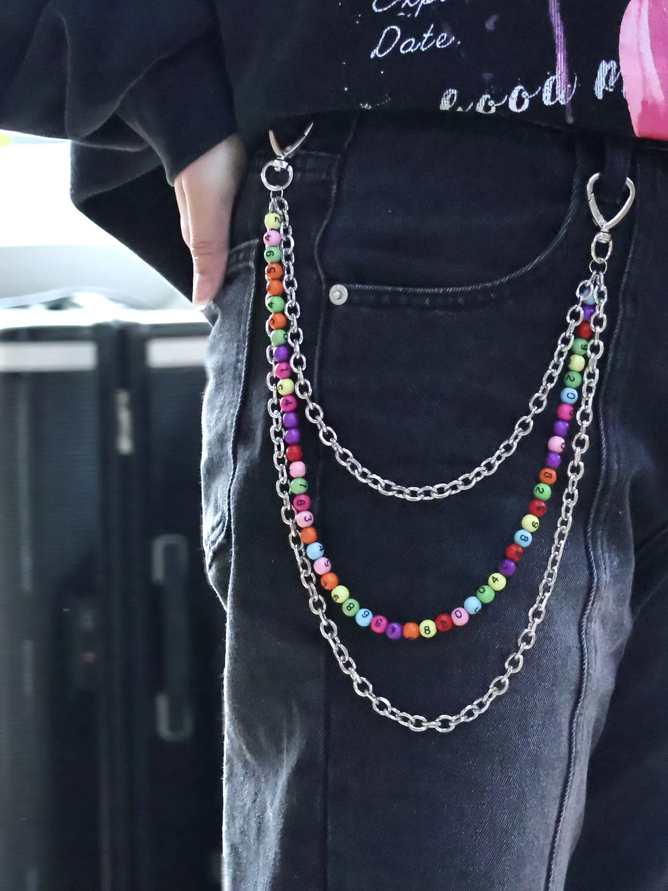 

2025New handmade plastic beads, stainless steel chain combination waist chain, suitable for men and women's hip-hop wear