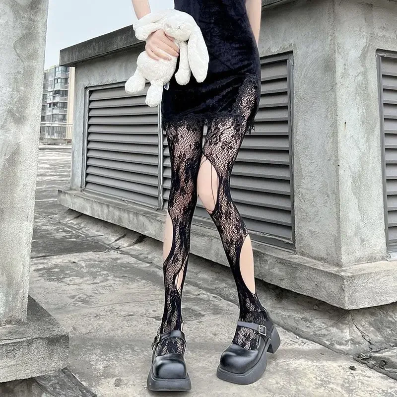Collants résille floraux creux gothiques pour femmes, Harajuku Lolita, trous de mendiant déchirés irréguliers, collants en maille, bas de corps sexy