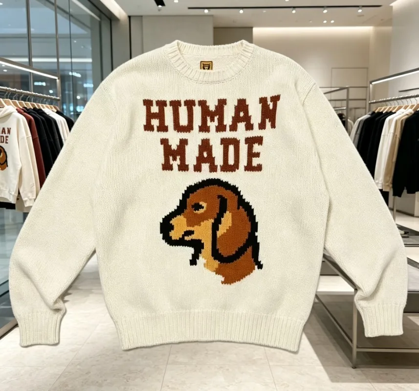 HUMAN MADE Dog Graphic Sweater Loose Fit Round Neck Cotton Winter Unisex Top