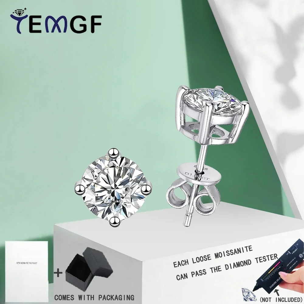 

TEMGF 1 Pair Moissanite Stud Earrings Round Cut Fine Jewelry Elegant for Women Wedding Engagement Anniversary Surprise Gift