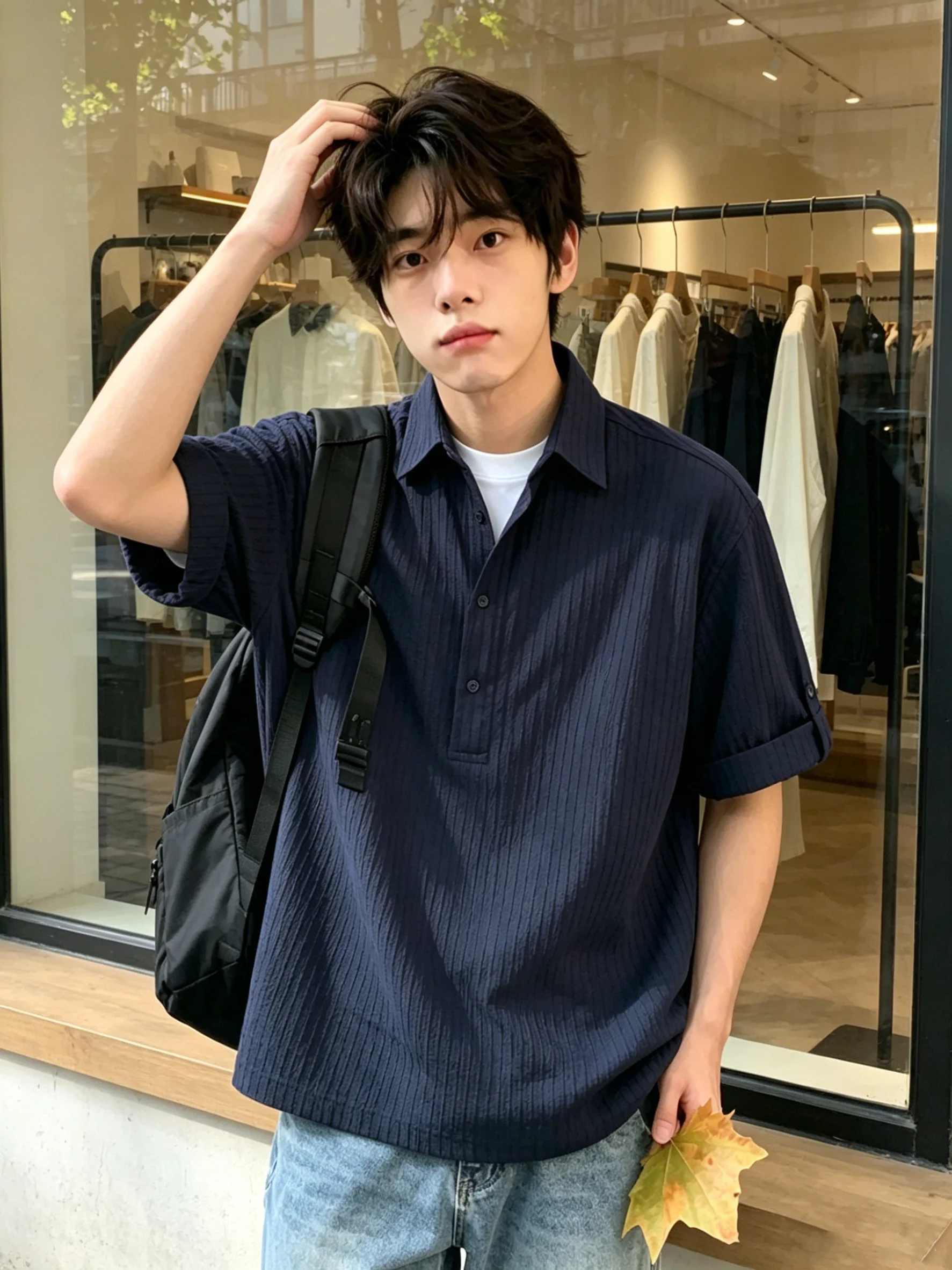 Blue Striped Short Sleeve Shirt Lightweight Summer Sun Protection Waist Cinching Outerwear Casual Style Polyester Blend Men's...