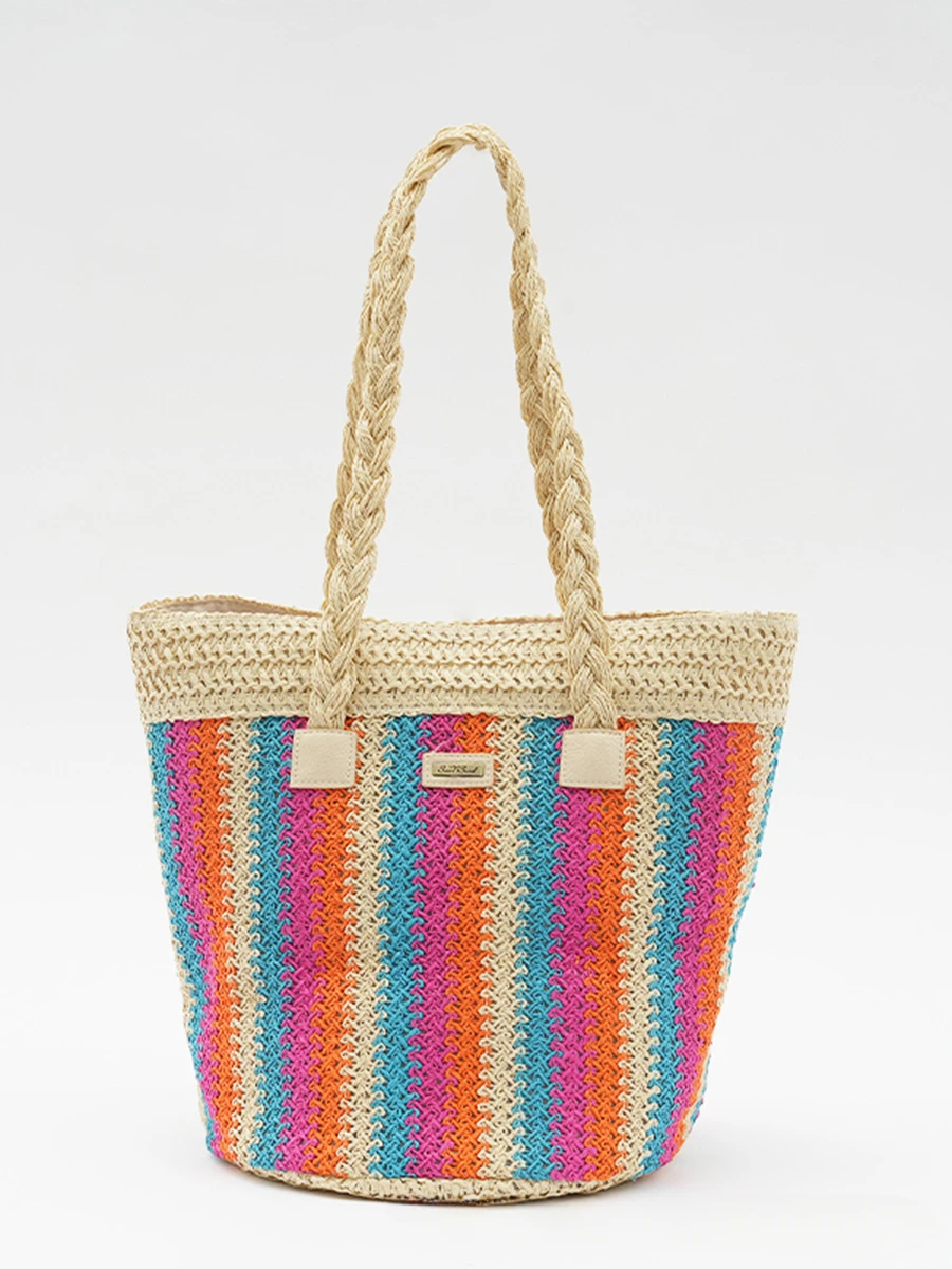 เชือกกระดาษกระเป๋าฟางทรงถังแบบมีขั้วต่อกระเป๋าฟางของผู้หญิงกระเป๋าอเนกประสงค์สำหรับการเดินทางกระเป๋าทองานแฮนด์เมด