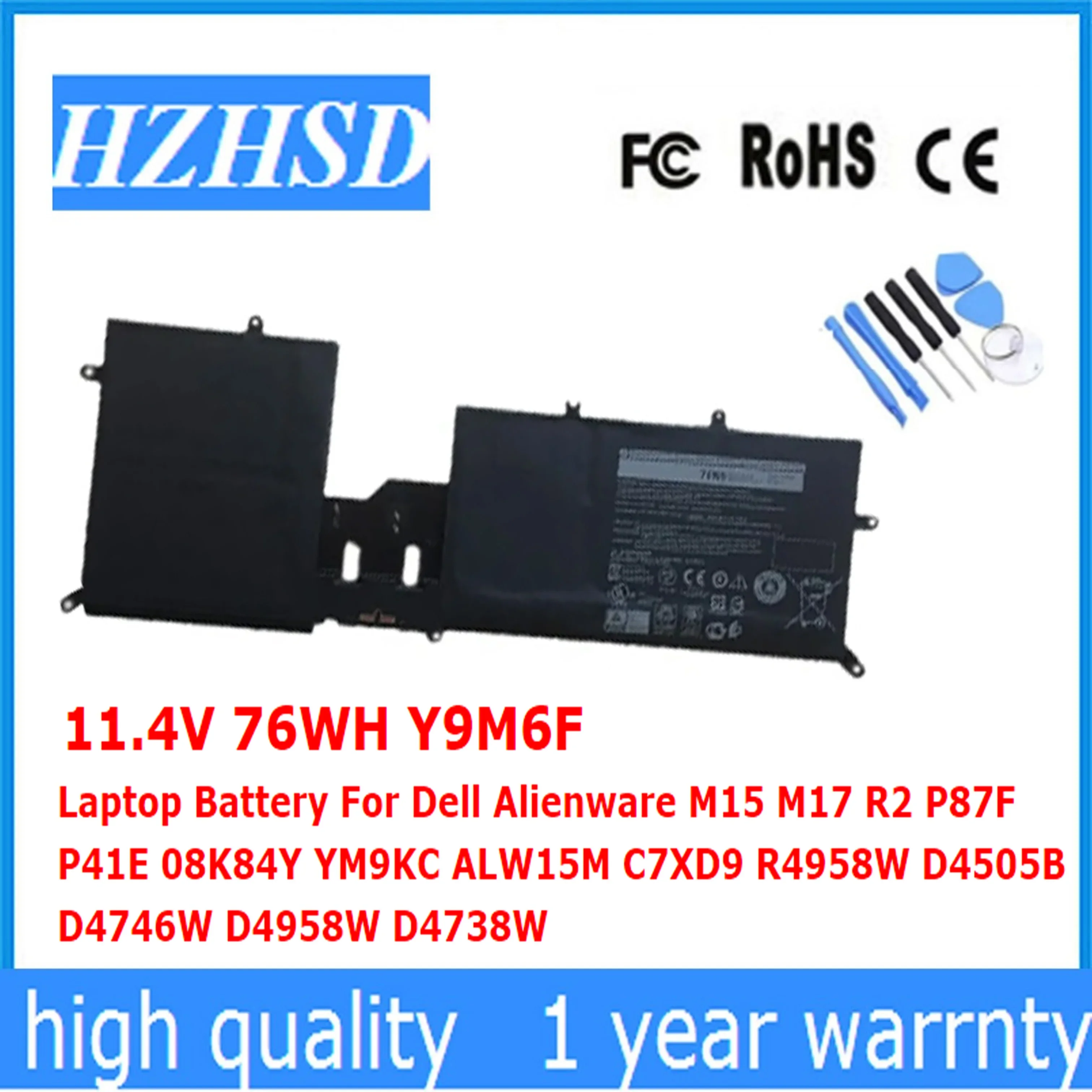 11.4V 76WH Y9M6F Laptop Battery For Dell Alienware M15 M17 R2 P87F P41E 08K84Y YM9KC ALW15M C7XD9 R4958W D4505B D4746W D4958W