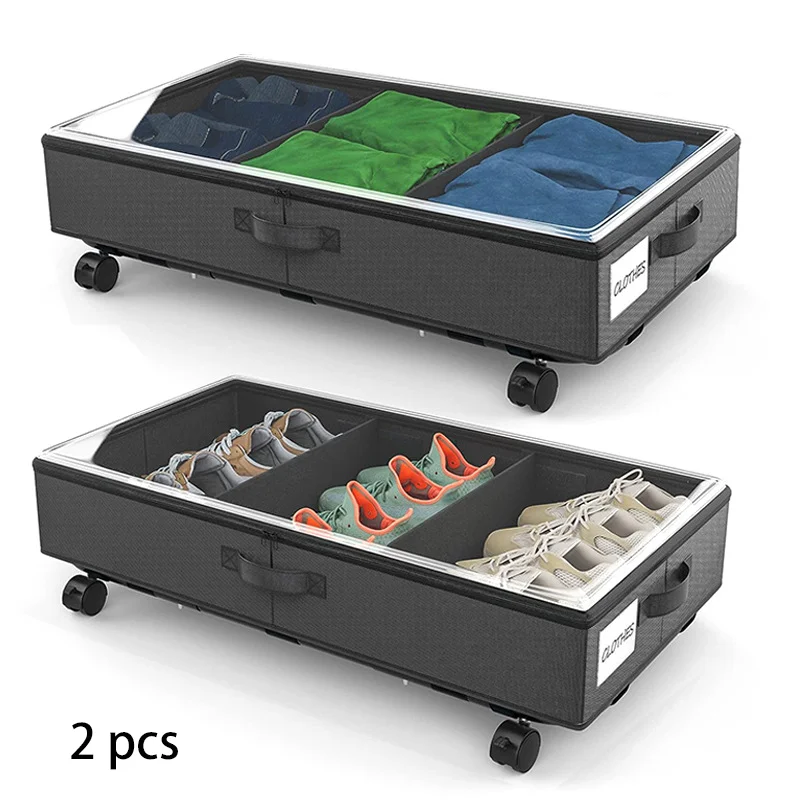 

2 pieces under bed storage box transparent pulley sealed under bed storage mobile box clothes flat toys and miscellaneous