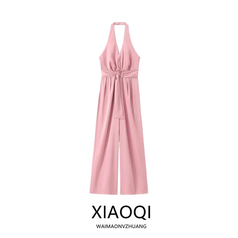 

Summer 2024 Women's Design Sense Hanging Ne Strap Satin Effect Jumpsuit Long Pants Polyester mid Waist