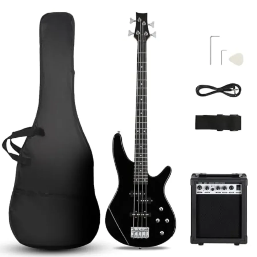 

Electric bass guitar for beginners: basswood body black,maple neck, rosewood fretboard, PJ pickup, 20W amp included
