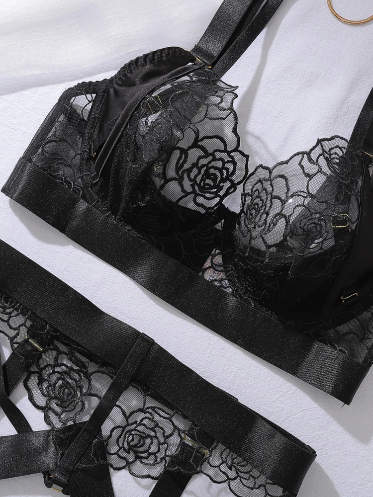 Belamimi Sexy Lingerie Suit Women Solid Color Mesh See-through Hollow Slim Fit Tempting Underwear 5-piece Set Garters Lingerie