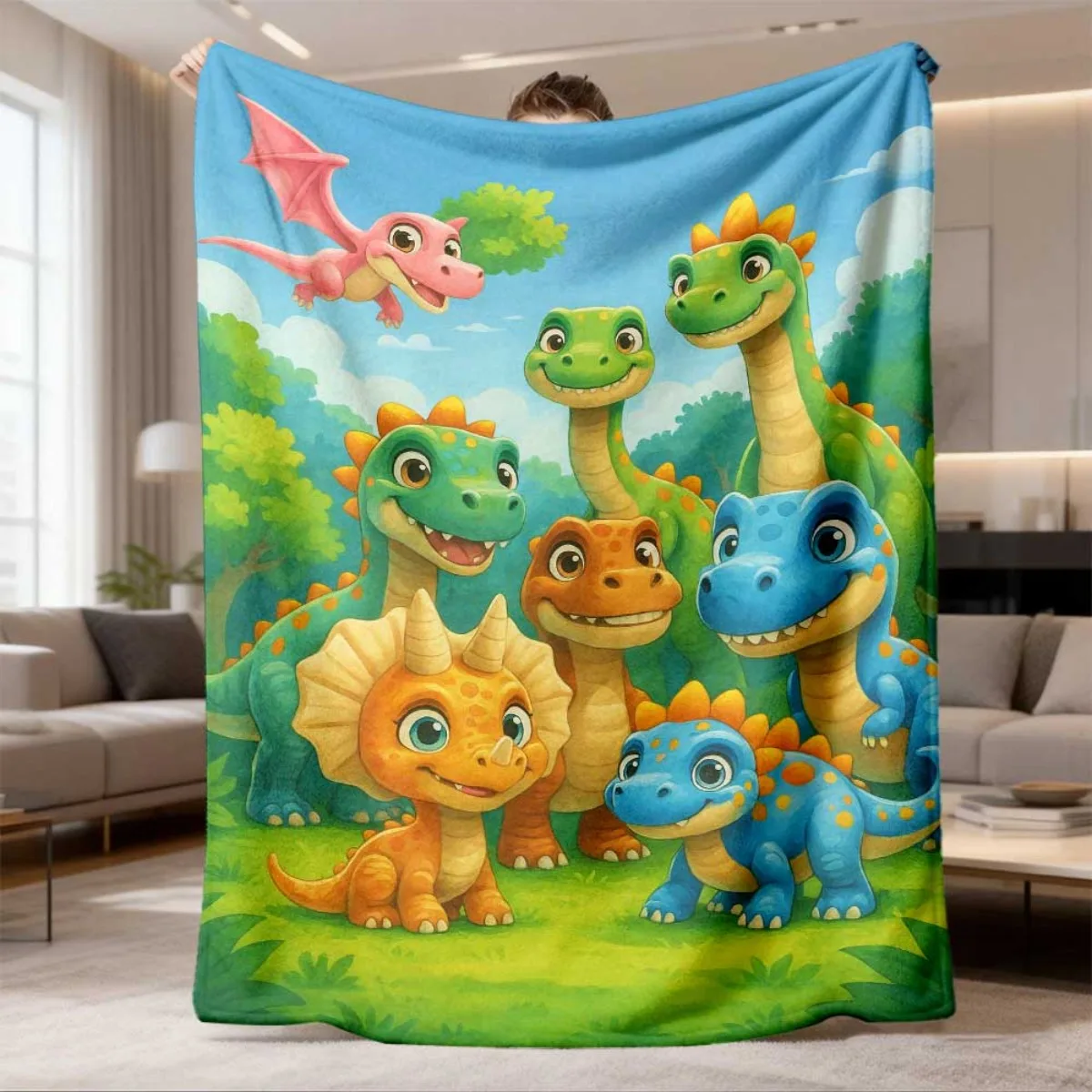 Cute Cartoon Dinosaur Family Flannel Blanket Cozy Throw Blanket Colorful Jurassic Dino Print Bed Sofa Cover Kids Home Decor
