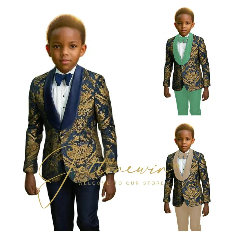 

Navy Blue Floral Boys Suits 2 Pieces Blazer Pants Set For Birthday Party Classic Child Regular Fit Suits Wedding Outfit