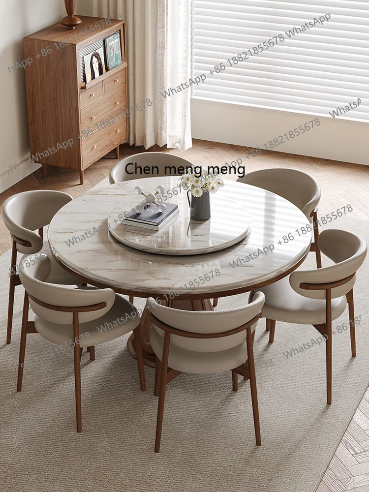 Marmor-Esstisch und Stühle, Kombination aus modernem, schlichtem, rundem Esstisch für den Heimgebrauch in einem mittelalterlichen Stil aus Massivholz