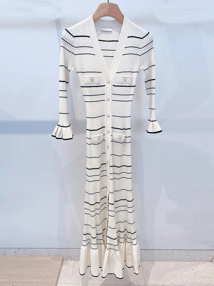 Elegancka damska długa dzianinowa sukienka w paski Niu Wang Sle na jesień i zimę, miękka, z włókna poliestrowego, o średniej elastyczności, o kroju A...