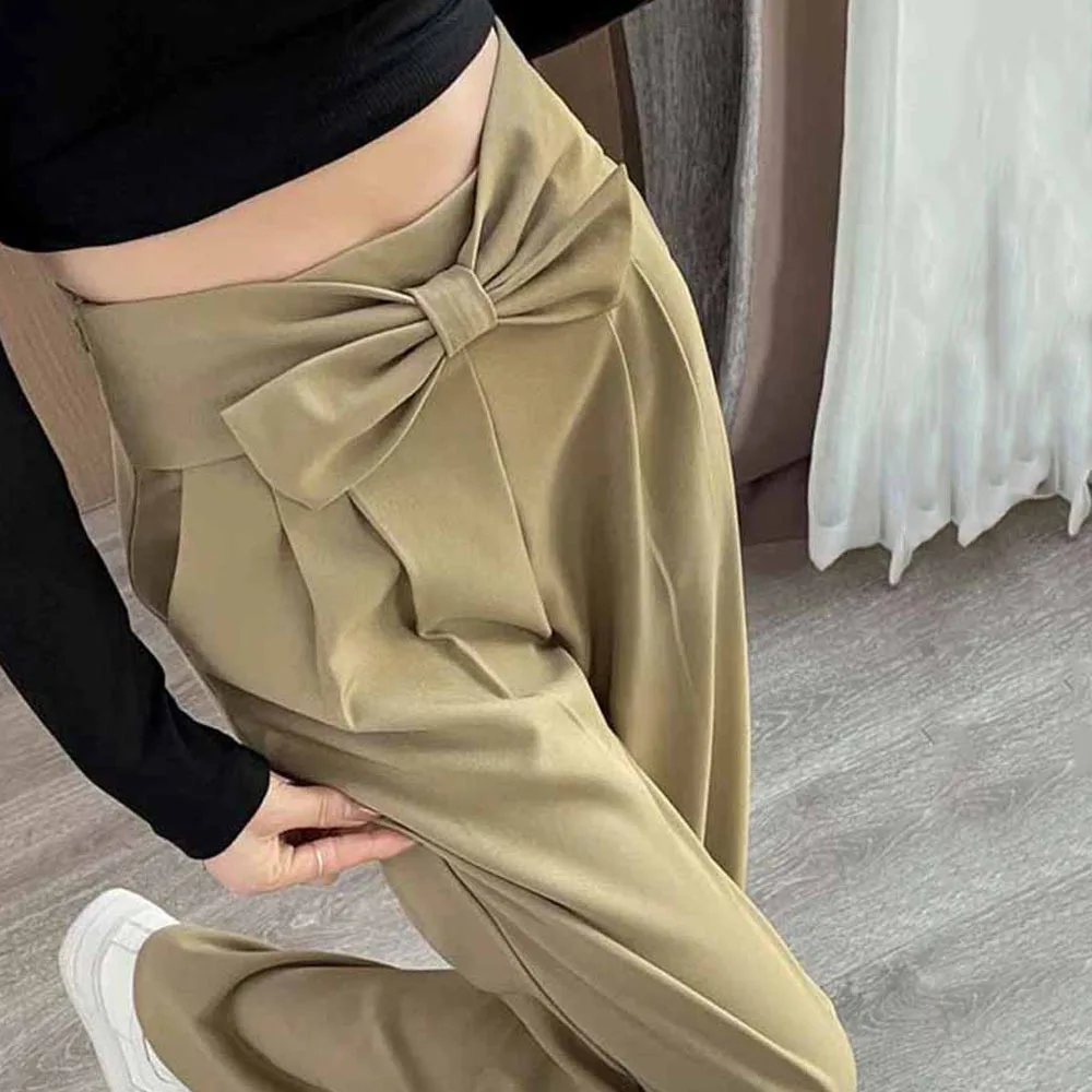 

Casual Solid Color Trend Bow Spliced Suit Pants Summer Women's Clothing Loose High Waist Khaki Straight Wide Leg Trousers Female