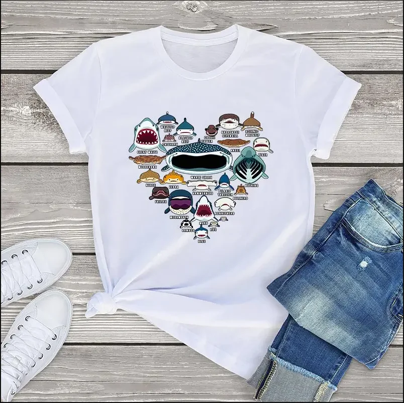 100 cotton t shirt women heart love shark faces kawaii printed short-sleeve tee tops fashion t-shirt cute girls clothing summer