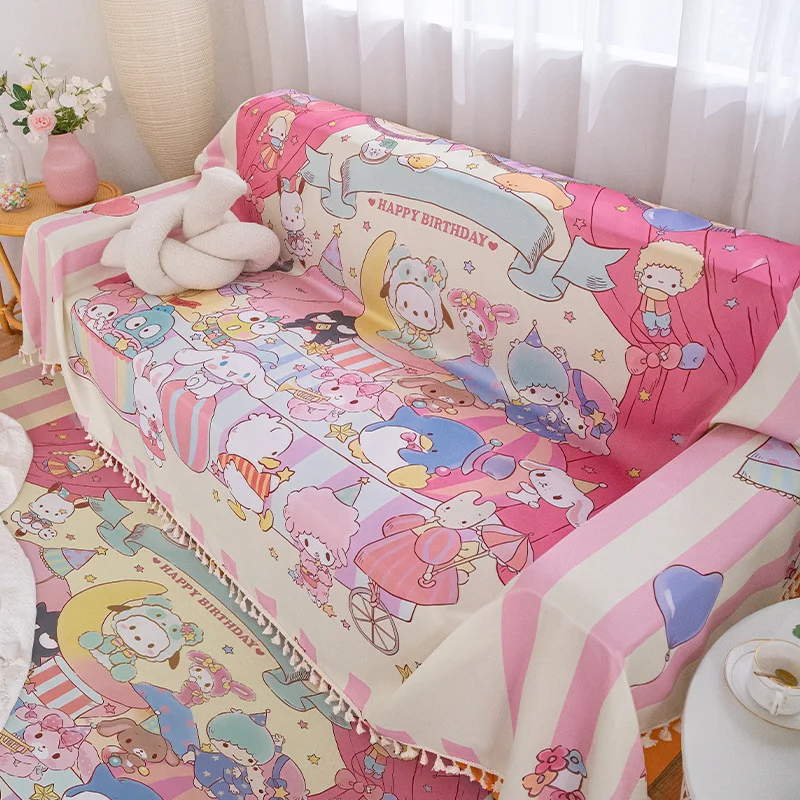 Cartoon Sanrio Chair Sofa Cover With Tassel Cinnamoroll Throw Blanket Melody Pochacco Camping Picnic Mat Floor Mat Home Decor