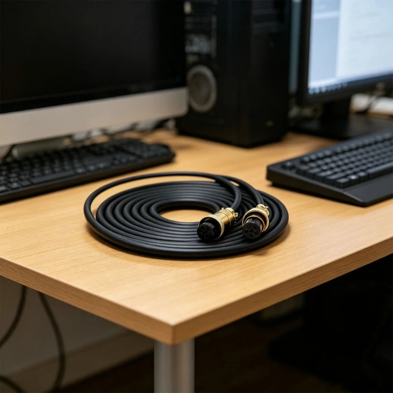 Desktop Speaker 6 Pin Cable with Female Aviation Ends, Black Round Cover, and Secure-Hold Metal Housings Indoors R9CB