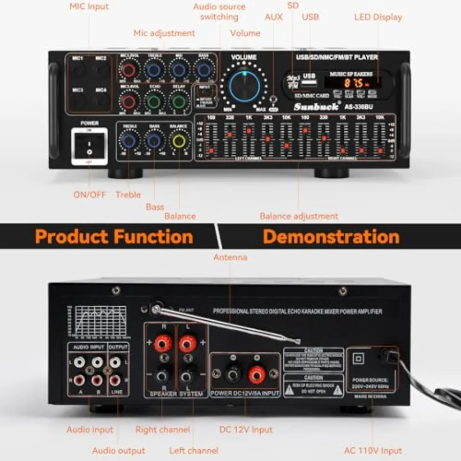 2000W Stereo o Amplifier for Home Theater, Car o, Karaoke, Party, Outdoor Camping with Multiple Input Modes EQ Mixer, Mic Input