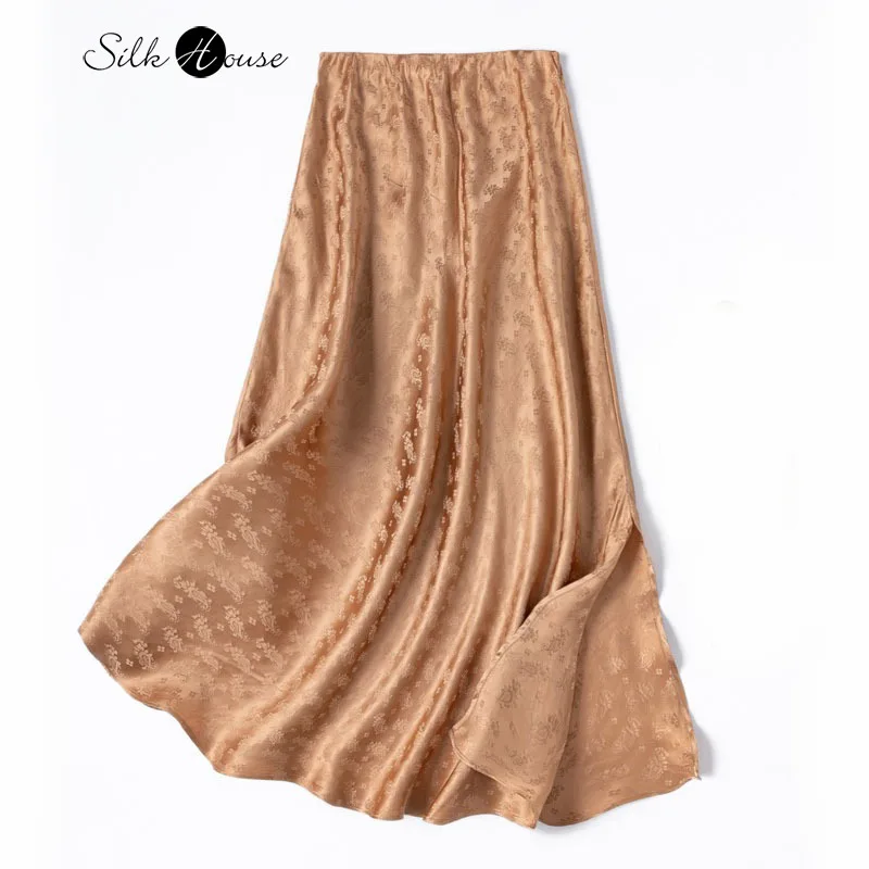 

2025 Women's Summer New Slant Cut 100% Natural Mulberry Silk Jacquard Satin Camel Golden Elegant Hip Wrapping Split Tail Skirt