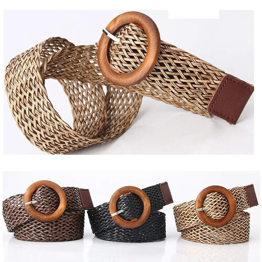 Women Wild Braided Casual Wooden Buckle Waistband Ladies Dress Cummerbands Bohemian Wide Belt Weave Waist Band