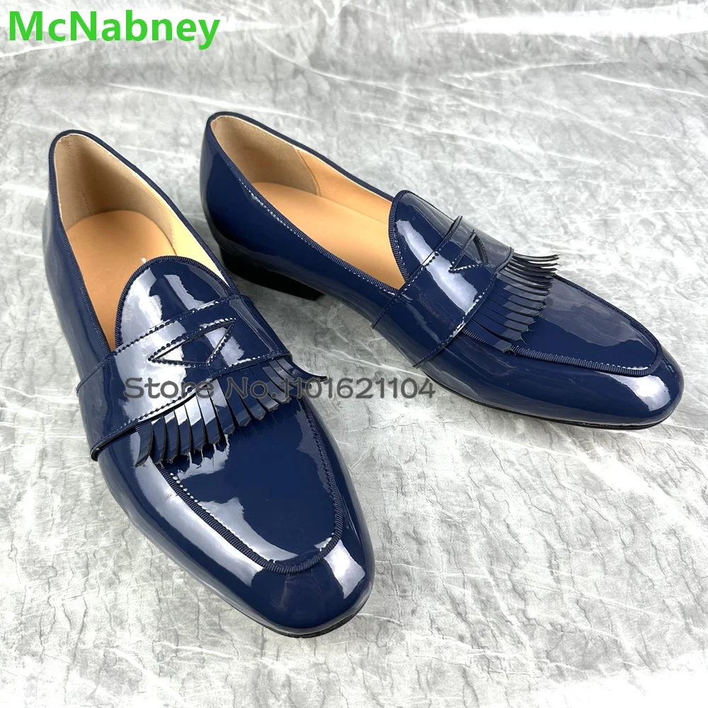 

Blue Tassels Slip-on Men Flat Shoes 2024 Newest Shallow Round Toe Solid Size 39-48 Handmade Business All-match Leather Shoes